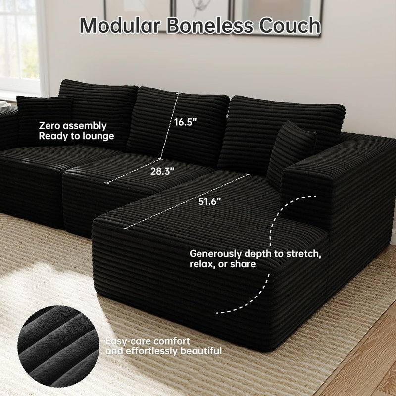Boneless Sectional Couch, U-Shaped Cloud Sofa, 4 Seat Modular Memory Foam Couch for Medium Room，Black
