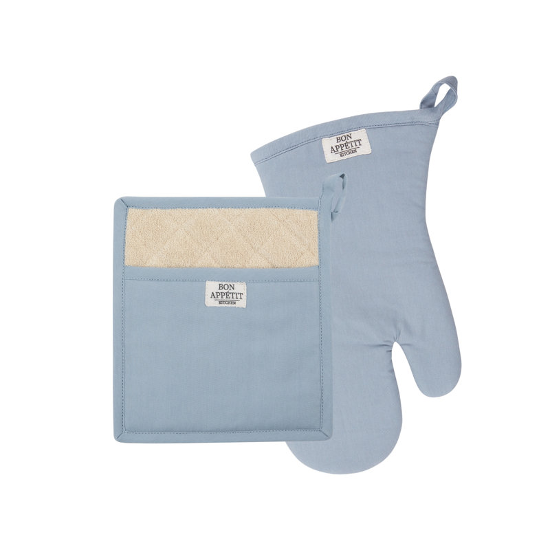 Design Imports Chino Oven Mitt & Potholder Kitchen Set/2, Feather Gray, Blue