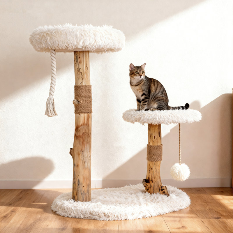 Solid Wood Cat Tree Tower, Natural Wooden Cat Furniture for Indoor Cats, Modern Cat Tree, Sisal Scratching Posts and Hanging Toys, 33"