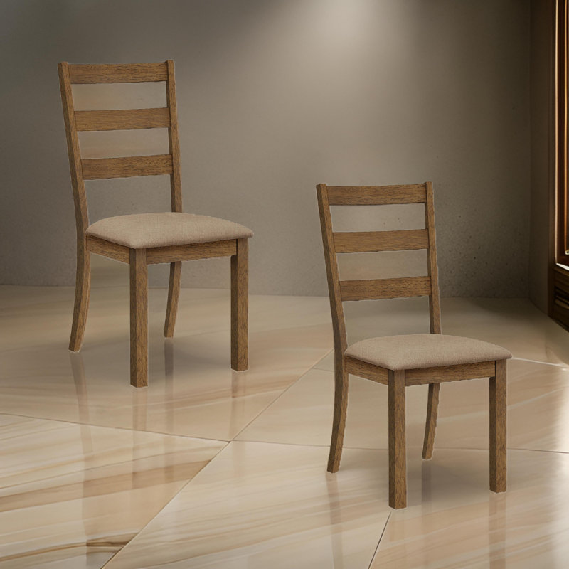 Daph Side Dining Chair Set Of 2, Ladder Back, Walnut Brown, Beige Polyester