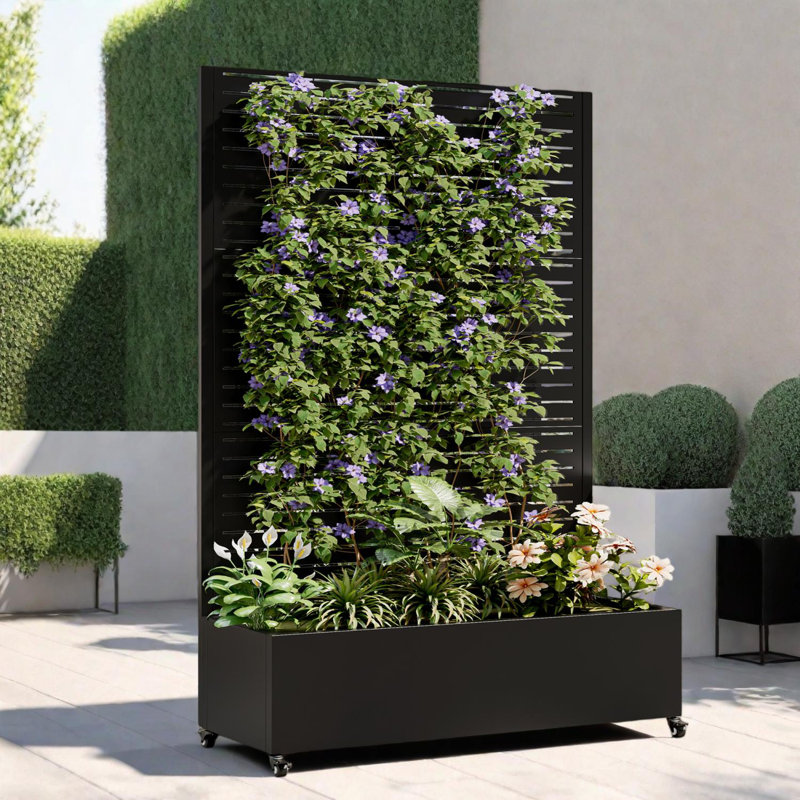 Boîte à fleurs en métal avec treillis et roues verrouillables, lit de jardin surélevé avec écran d'intimité et trous de drainage