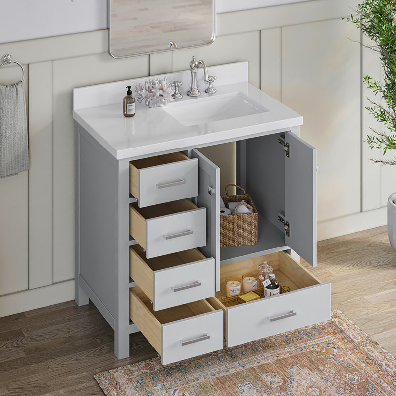 Cambridge 37'' W Single Vanity, Gray, Pure White Quartz, Rectangular