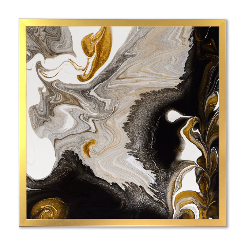 «Gold and Black Marble Waves IV», reproduction d'art sur toile moderne, H 16 po x l 16 po x P 1 po, Encadrement doré