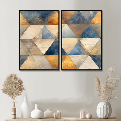 Mosaïque de triangles beiges et bleus - art mural moderne 2 pièces