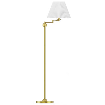 Lampe sur pied à bras articulé de 163 cm de haut, de style moderne du milieu du siècle, en métal doré avec abat-jour en tissu plissé blanc. Orientation de la lumière réglable. Parfait pour la chambre, le salon ou le bureau. Ampoules non incluses.