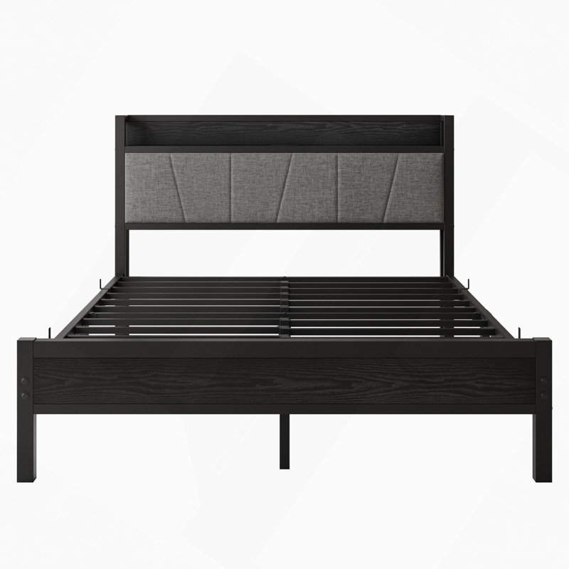 Bed Frame, Storage Headboard with Charging Station, Full, Black