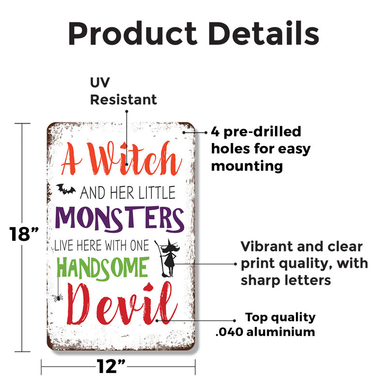 Une enseigne en aluminium style rétro 12 "x 18" A Witch And Her Little Monsters, H 12 po x l 18 po x P 0,1 po