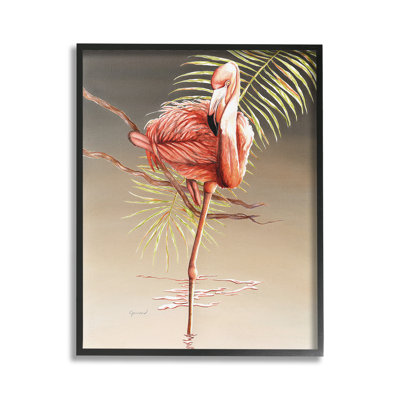 Flamingo Balancing with Leaf Framed Giclee Art by Christine Reichow