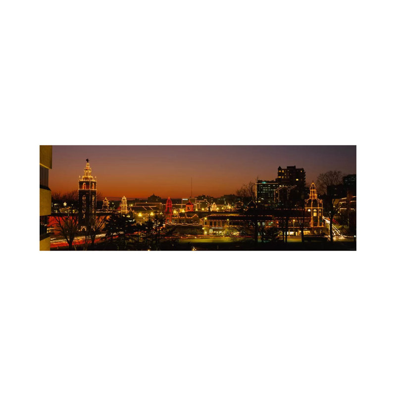 Buildings Lit Up At Night, La Giralda, Kansas City, Missouri, USA - Wrapped Canvas Panoramic Print