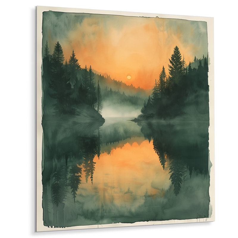 Décoration murale orange, forêt verte, lac au coucher du soleil, Sans cadre, métal, H 32 po x l 16 po
