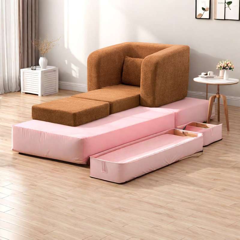 Canapé-lit en chenille spacieux et pliable, mobilier de salon orange moderne