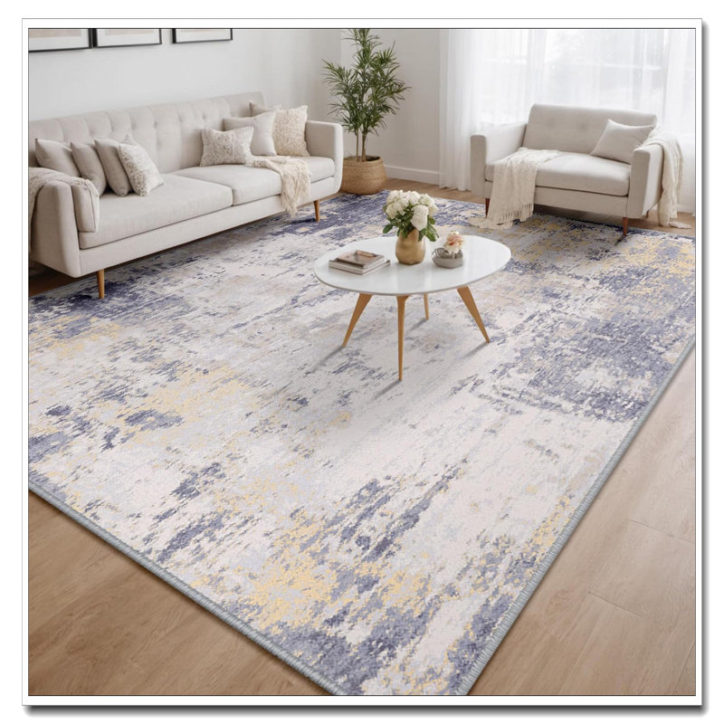 8'X10' Washable Non-Slip Area Rug - Modern Abstract Print (Dark Black Gold) For Living Room, Dark Blue/Beige