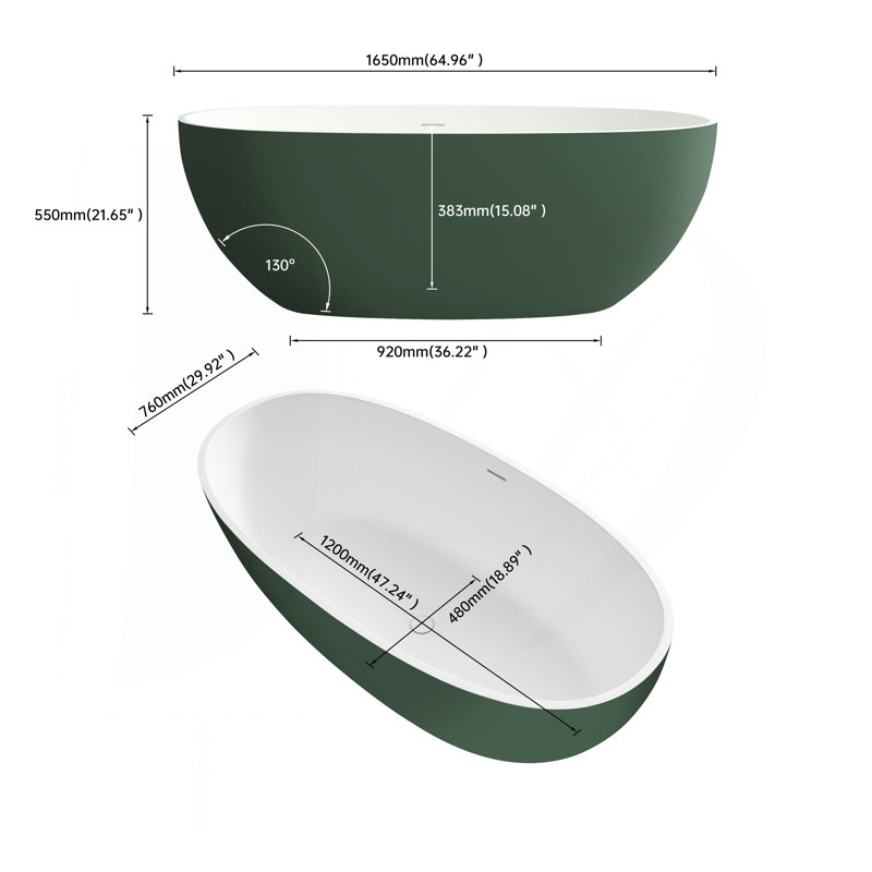 65" Premium Solid Surface Deep Soaking Bathtub, Matte Green
