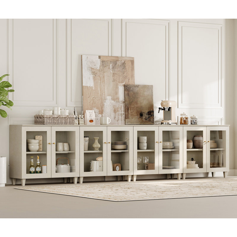 Buffet à 8 portes avec tablettes réglables et gestion des câbles pour la salle à manger Lysiane, Imprimé lin beige