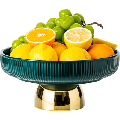 11" Green Ceramic Fruit Bowl with Gold Pedestal Base