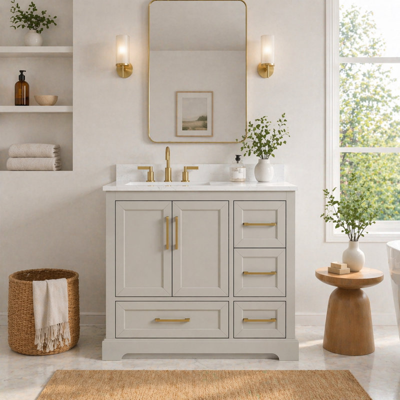 Calonia Snowline Freestanding Double Sink Bathroom Vanity With Engineered Stone Top, 36"