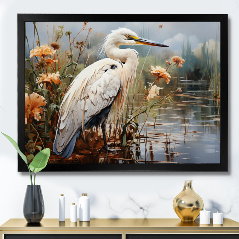 Héron pêche blanc, héron, art mural, H 12 po x l 20 po x P 1 po, Cadre simple noir