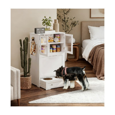 Armoire blanche en bois pour animaux avec bols surélevés et rangement