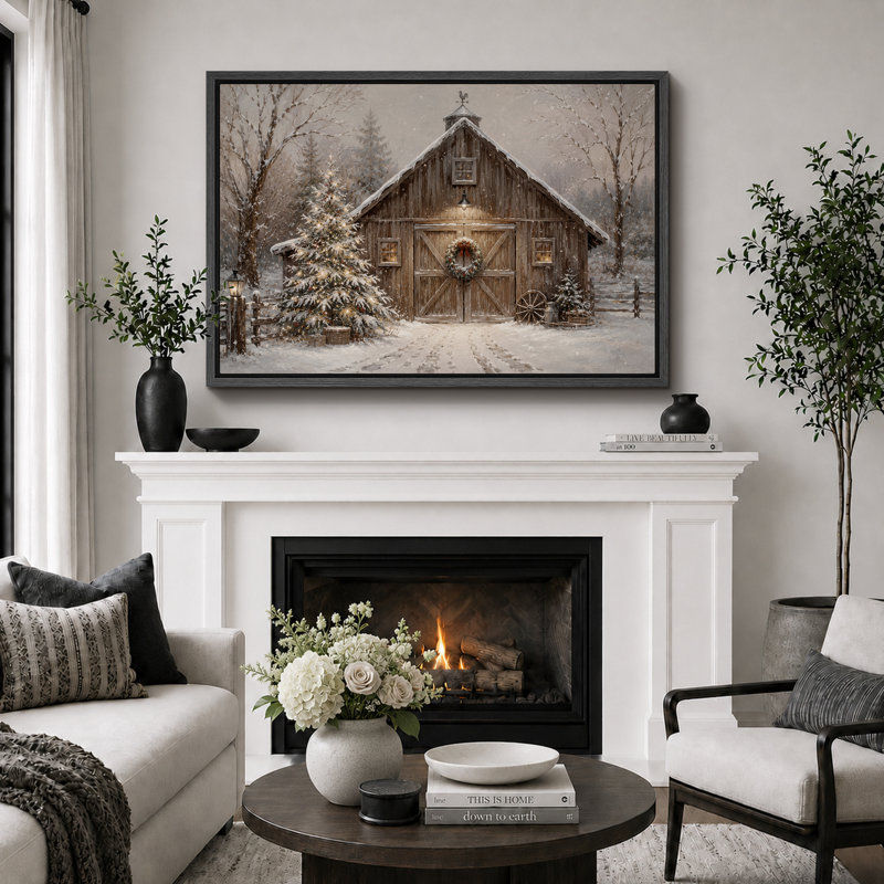 «Winter Snowy Barn Holiday», art du hall d'entrée, impression sur toile encadrée, H 24 po x l 36 po x P 1,5 po, Cadre noir