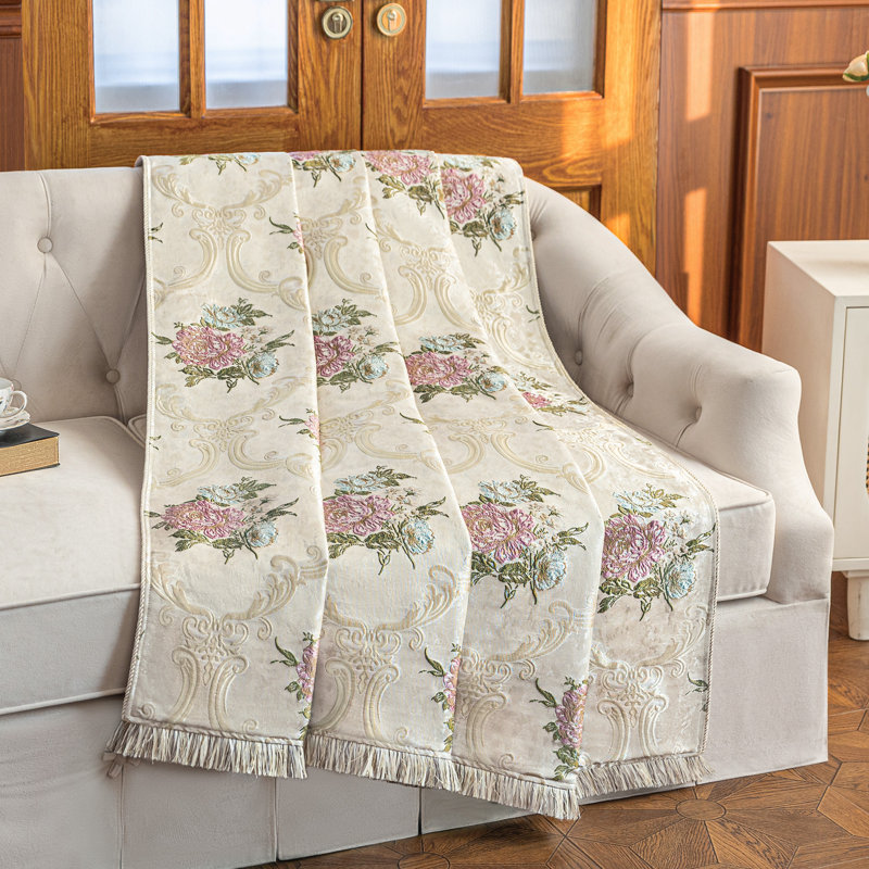 Jeté classique en damas pour canapé-lit, couverture décorative de luxe avec motifs floraux 52 po x 72 po, Floral beige