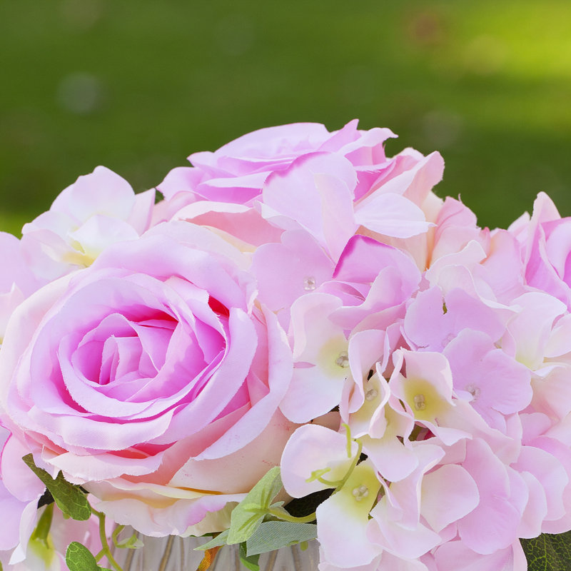 Faux Silk Hydrangea Arrangement in Pot, Pink