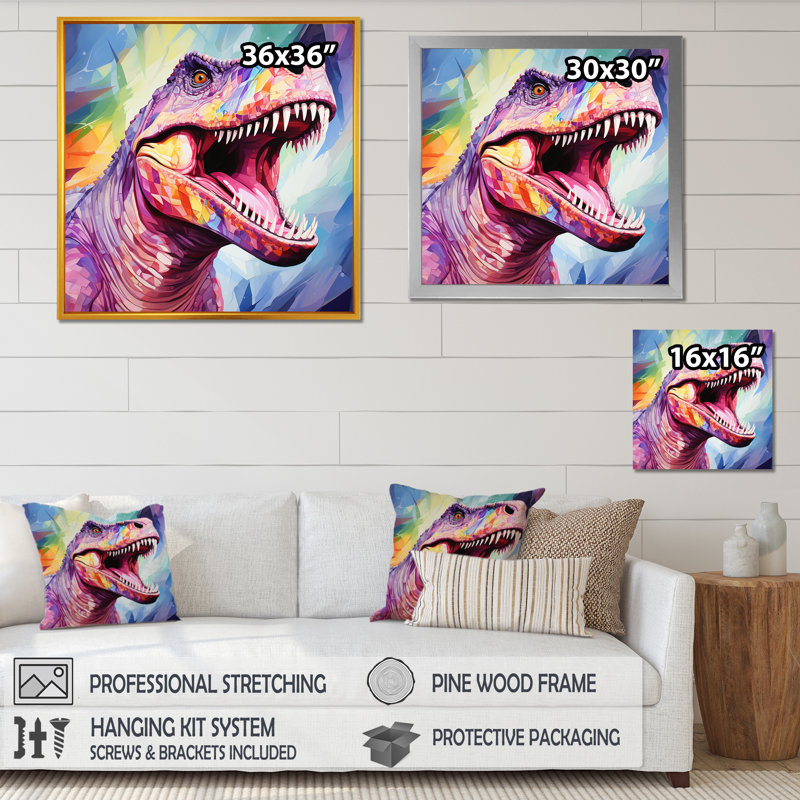 Cubiste coloré Trex Dino III - art de mur de dinosaure, Toile tendue, H 30 po x l 30 po x P 1,5 po