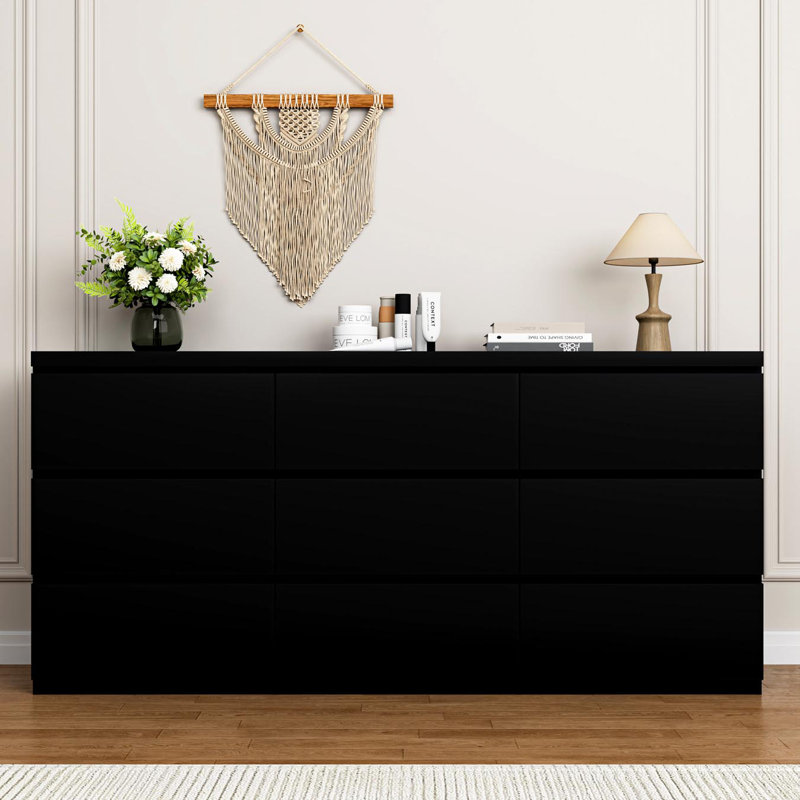 Commode 9 tiroirs sans poignée, commode moderne en bois noir mat pour la chambre à coucher, commode de rangement pour le salon, le couloir, le vestibule