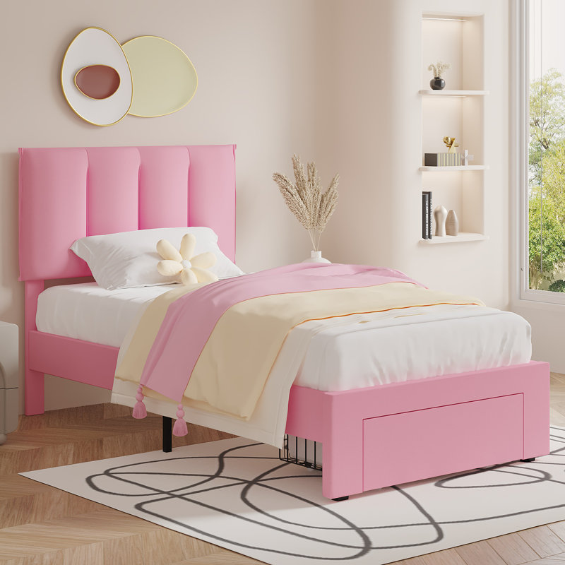 Cahlin Twin Storage Bed Frame With Storage Drawer Twin Only 1 Drawer Upholstered Adjustable Headboard Platform Bed, Pink