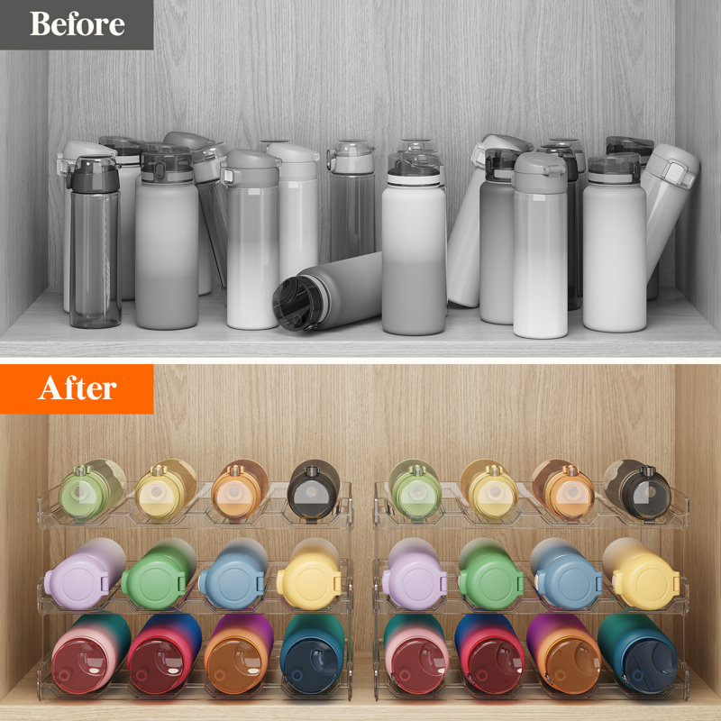 Stackable Water Bottle Organizer For Cabinet, Water Bottle Holder, Kitchen Pantry Organization And Storage, Plastic Fridge Wine Racks, Tumbler Travel Mug Cup Holder, 3Pack, Hold 12 Bottles