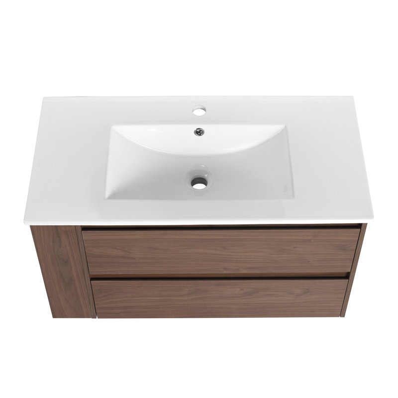 Meuble-lavabo mural 36 po avec lavabo en céramique, Chêne brun