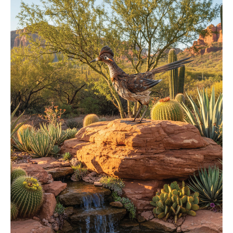 Statue Valero Sienna Roadrunner regardant en métal, 15.75" H x 20.67" W x 13.58" D