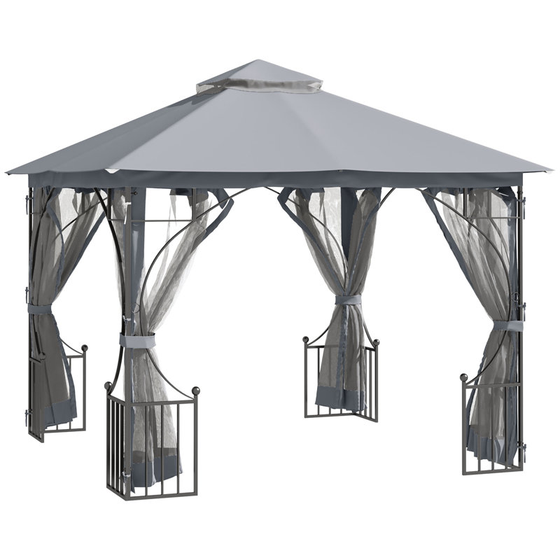 3 X 3m Light Grey Double Tier Garden Gazebo, Outdoor Patio Canopy Shelter With Mesh Sidewalls, Powder Coated Metal Frame For Party Bbq Picnic