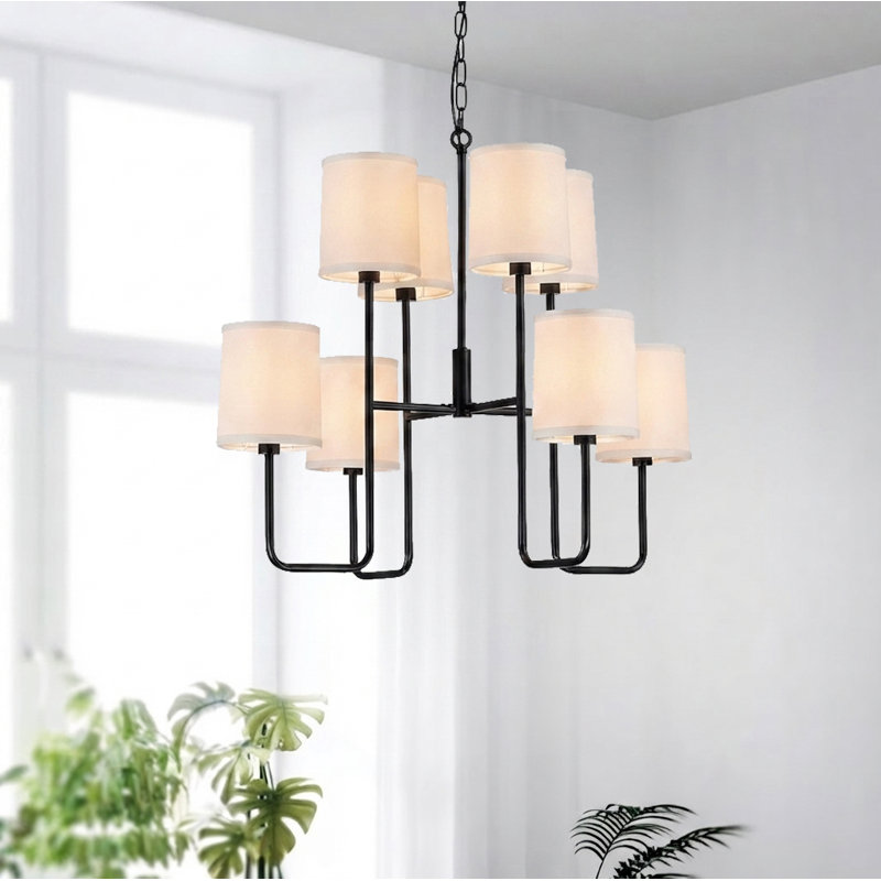 Lustre 8 lumières de style campagne moderne - noir bicolore avec abat-jour en lin sur mesure, Matte Black