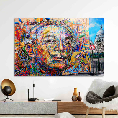 Salvador Dali Inspired Graffiti Abstract Art on Tempered Glass for Wall Decor Displaying Surrealistic Imagery and Vibrant Color Palette