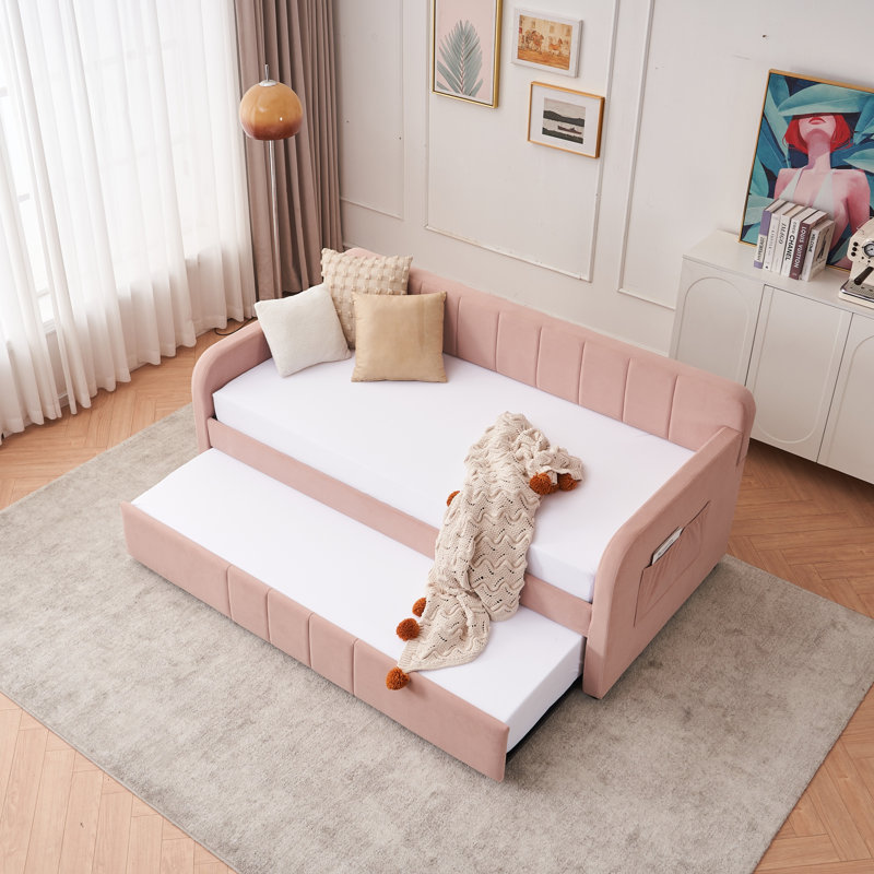 Twin Upholstered Daybed Frame with Trundle, Twin Size Sofa Bed for Bedroom Living Room Guest Room, Wood Slat Support, Pink