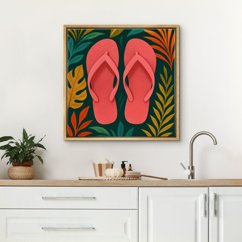 «Tropical Leaves with Flip Flops», reproduction d'art sur toile encadrée, Naturel, H 24 po x l 24 po
