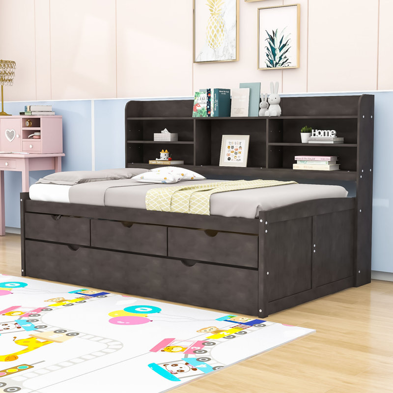 Lit plateforme simple en bois avec tablettes et lit gigogne Binnings, Brun antique