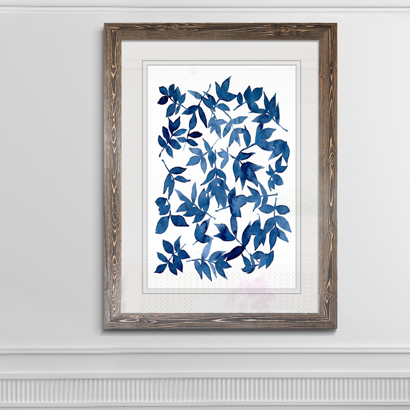 Indigo Fallen Leaves I - Peinture encadrée sur papier, H 44 po x l 32 po x P 1,25 po, Cadre espresso