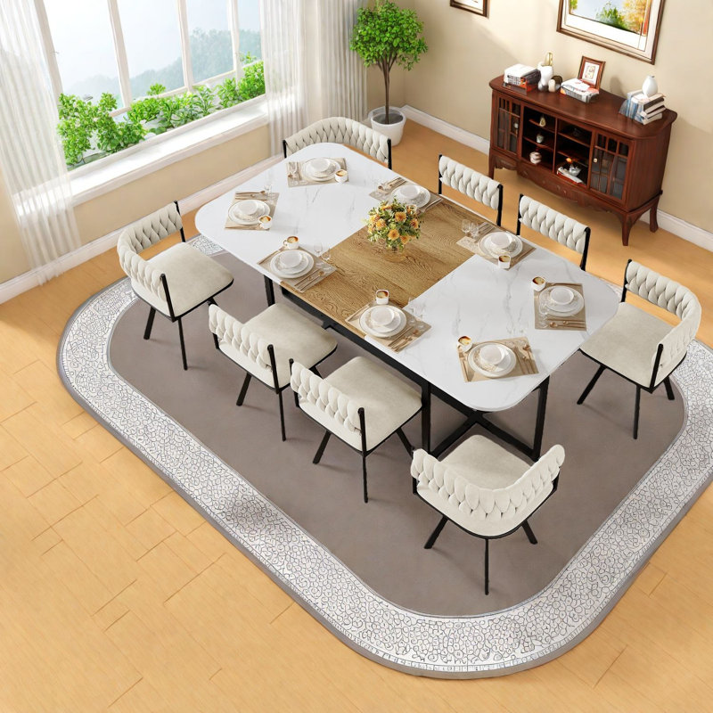 Ensemble de table de salle à manger moderne 9 pièces avec faux marbre et velours blanc