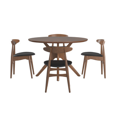 Fiorentino Mid-Century 48" Walnut Finish Round Dining Set with Faux Leather Chairs