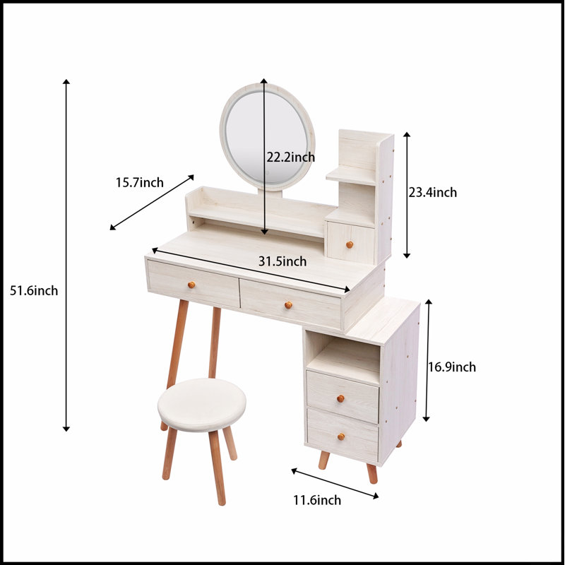 Élégante coiffeuse avec miroir à DEL à commande tactile et grand rangement, avec tabouret rembourré, longueur réglable pour les maquillages modernes.