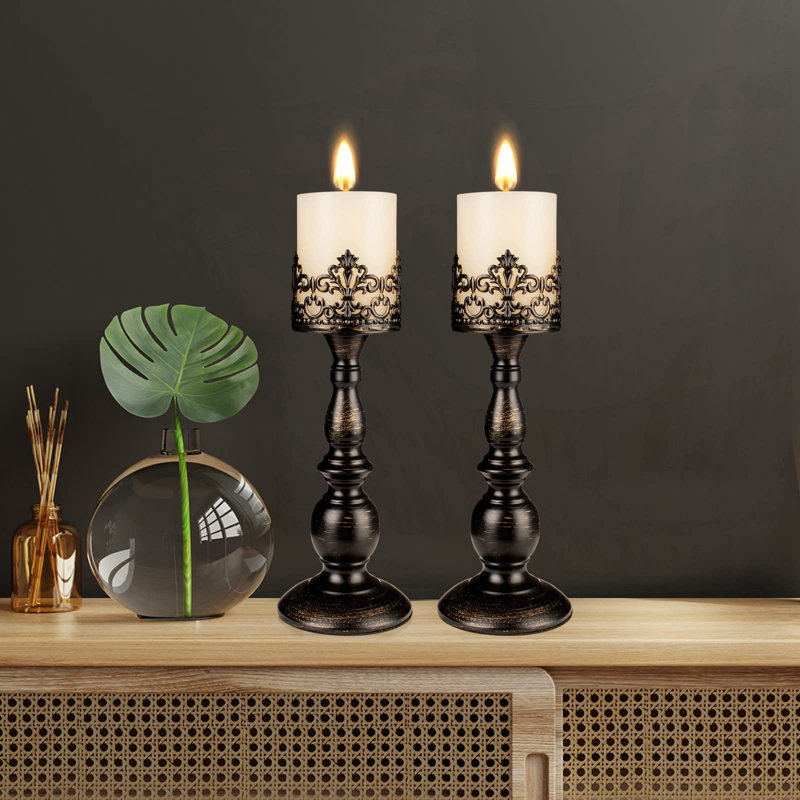 Ensemble de 2 porte-bougies pour chandelles à pilier de style rétro gothique avec 2 grands centres de table décoratifs (2 pièces A)