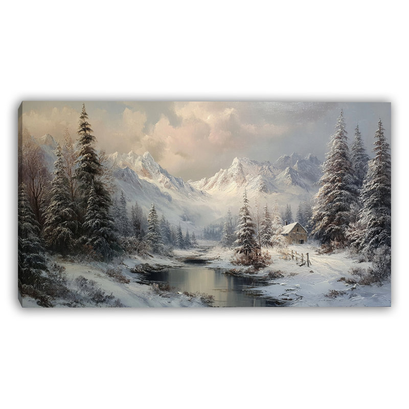Alpine River Cabin Winter, art mural sur toile tendue, H 20 po x l 40 po