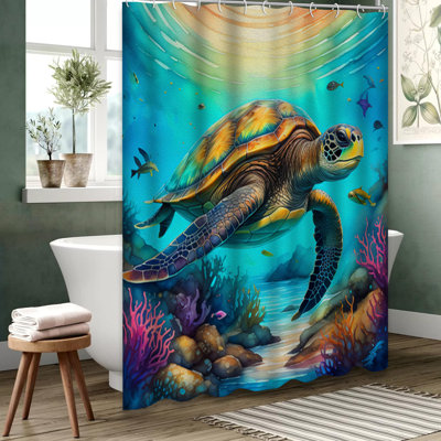 Turtle Marine Watercolor Painting Shower Curtain with 12 Hooks