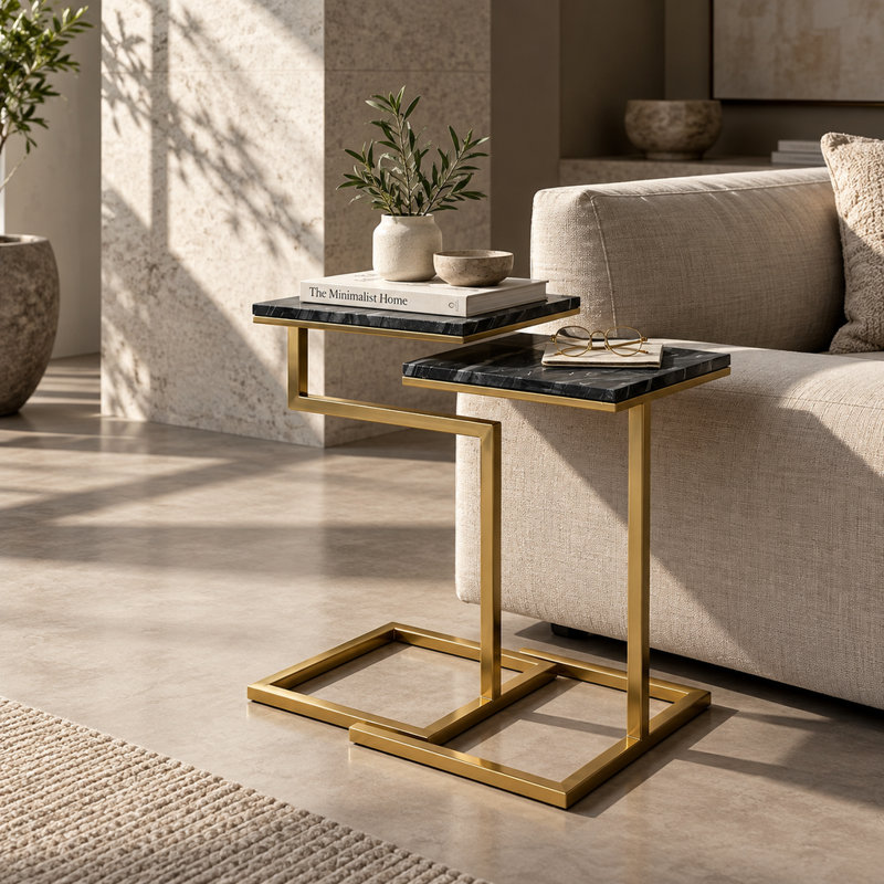 Ensemble de 2 tables gigognes carrées en forme de C avec plateaux en marbre noir et pattes dorées