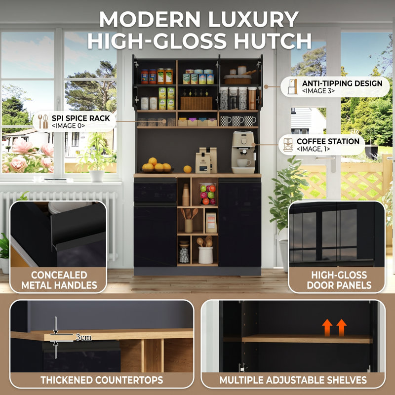 105cm W Large Freestanding Kitchen Cabinet & Microwave Stand with High Gloss Doors, Multi-Tier Double Door Pantry Cupboard, Black & White, 105x45x185cm