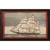 Artistic Antique Scenic Nautical Maritime Design Ship Pattern American Folk Art Hooked Rug