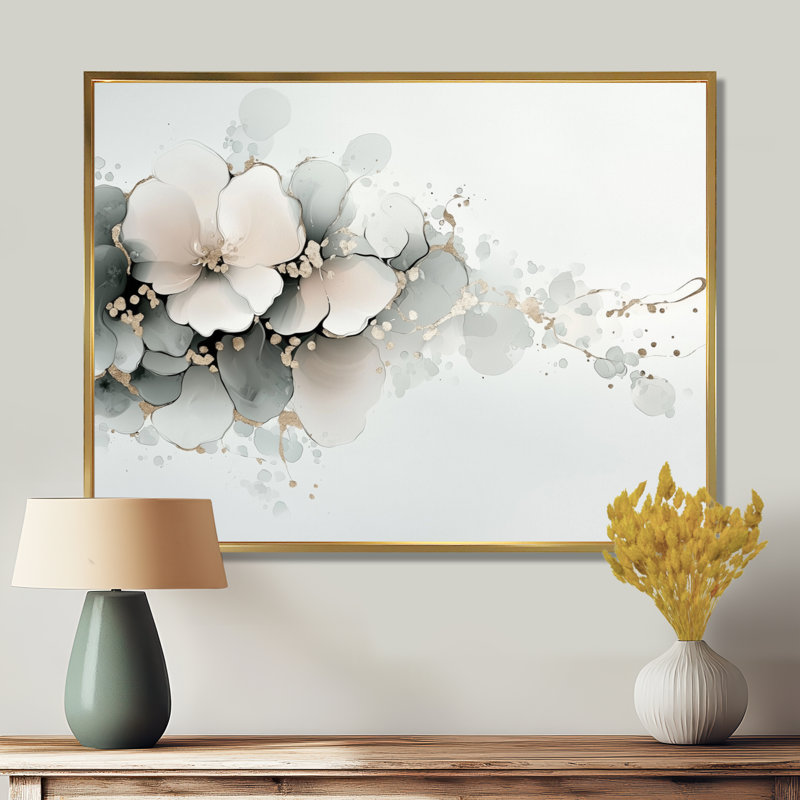 Encre de pivoines - art mural pivoine, H 34 po x l 44 po, Impression dans un cadre flottant sans passe-parto, Doré