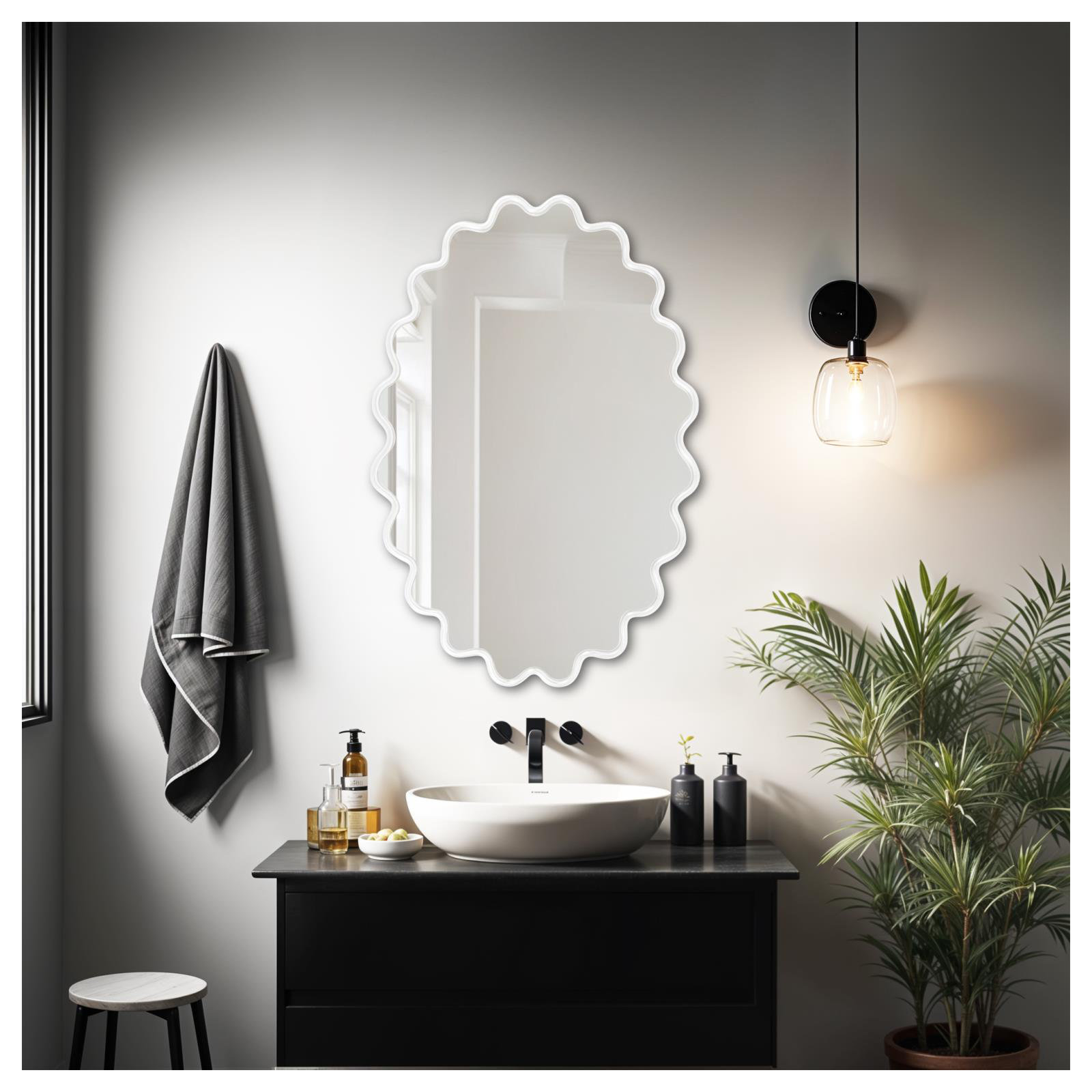 Modern Wavy Framed Oval Wall Mirror, White