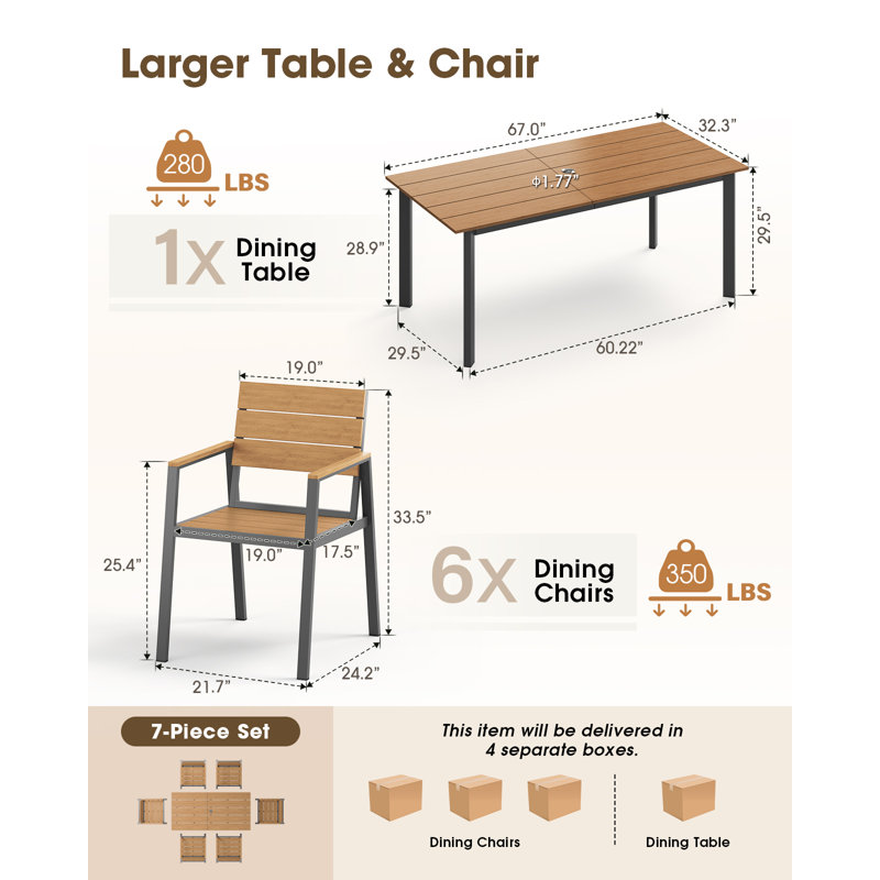 Ensemble de salle à manger d'extérieur en aluminium 7 pièces avec table de 170 cm (67 po) avec plateau imitation bois et trou pour parasol